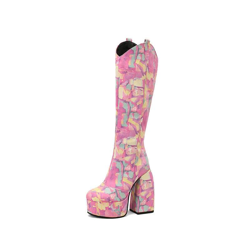 Women's Square Toe Chunky High Heel Boots - Mubimart