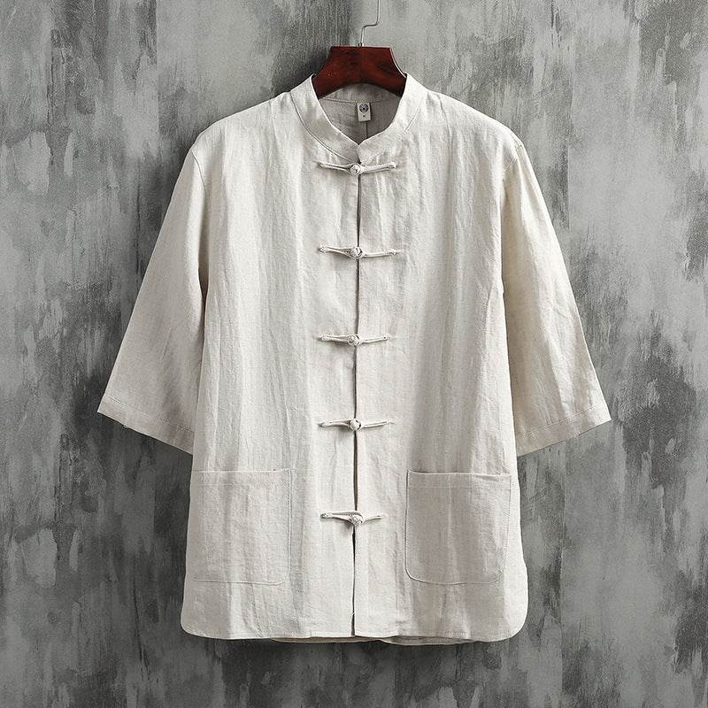 Stand Collar Linen Men's Short Sleeve Cotton Linen Shirt - Mubimart
