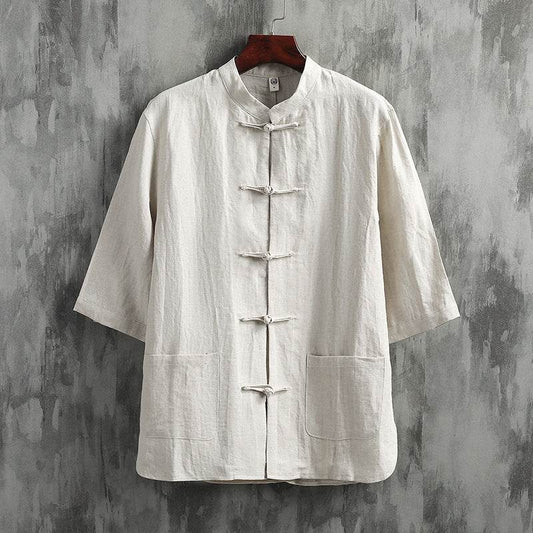 Stand Collar Linen Men's Short Sleeve Cotton Linen Shirt - Mubimart