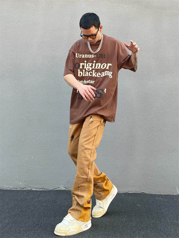 Khaki Men's Vibe Style Splattered Ink Graffiti Micro Flared Pants - Mubimart