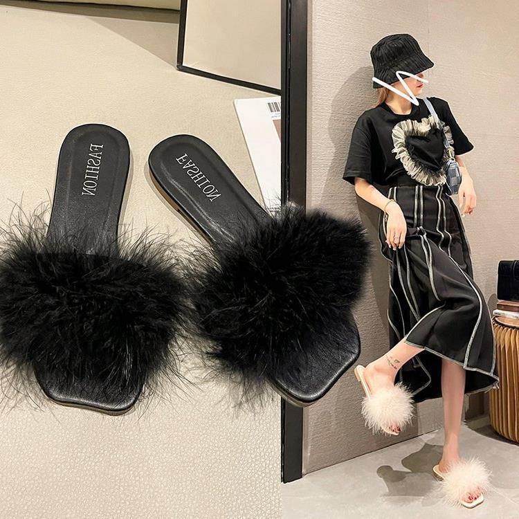 Women's Summer Flat Fashion Fur Slipper - Mubimart