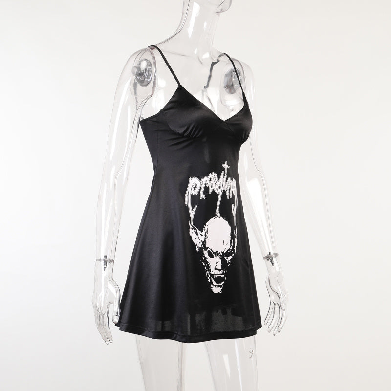 Women's Satin Dark Skull Print Slip Dress - Mubimart -  