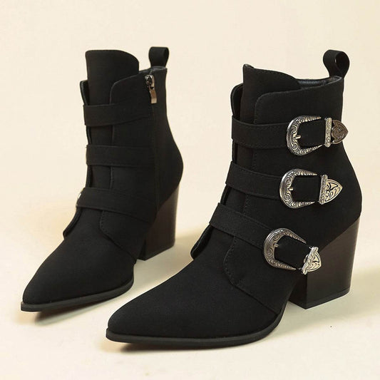 Chunky Heel Pointed Toe Boots With Belt Buckle Design Retro Mid-calf Boot Fashion Fall Winter Shoes For Women - Mubimart