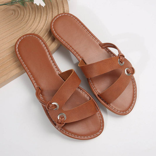 Round Toe Flat Sandals Summer Fashion Casual Non-slip Slides Shoes For Women - Mubimart