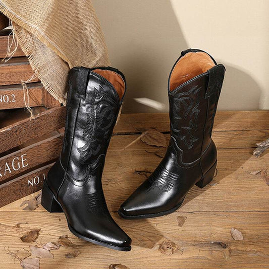 Embroidered Retro Women's Western Cowboy Boot - Mubimart