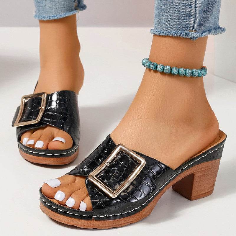 Fashion Crocodile-textured Buckle Sandals Square Chunky Heel Peep-toe Slides Slippers Women Shoes - Mubimart