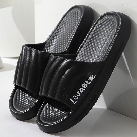 Summer Stripe Letter Design Home Slippers Thick Sole Non-slip Floor Bathroom Slipper For Women Men House Shoes - Mubimart