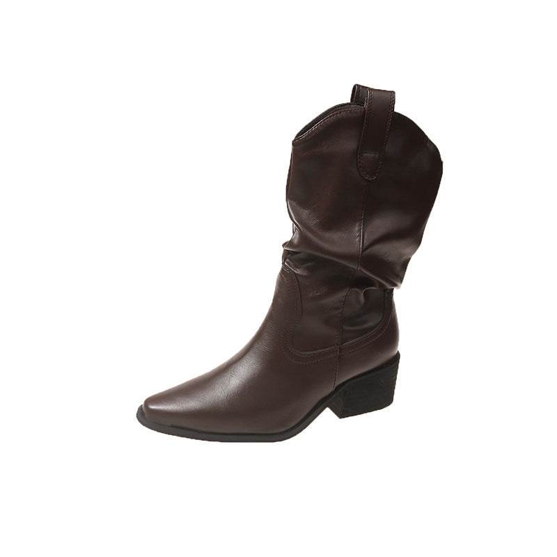 Autumn And Winter New Retro Pointed Chunky Heel Western Cowboy Boot - Mubimart