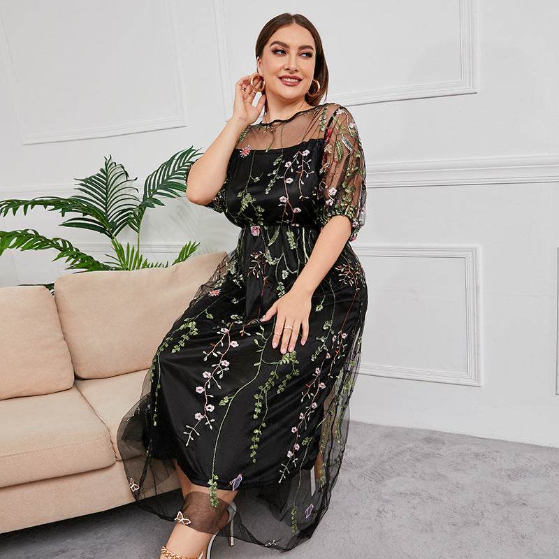 Plus Size Dress Evening Dress Women's Mesh Embroidered Midi Dress - Mubimart
