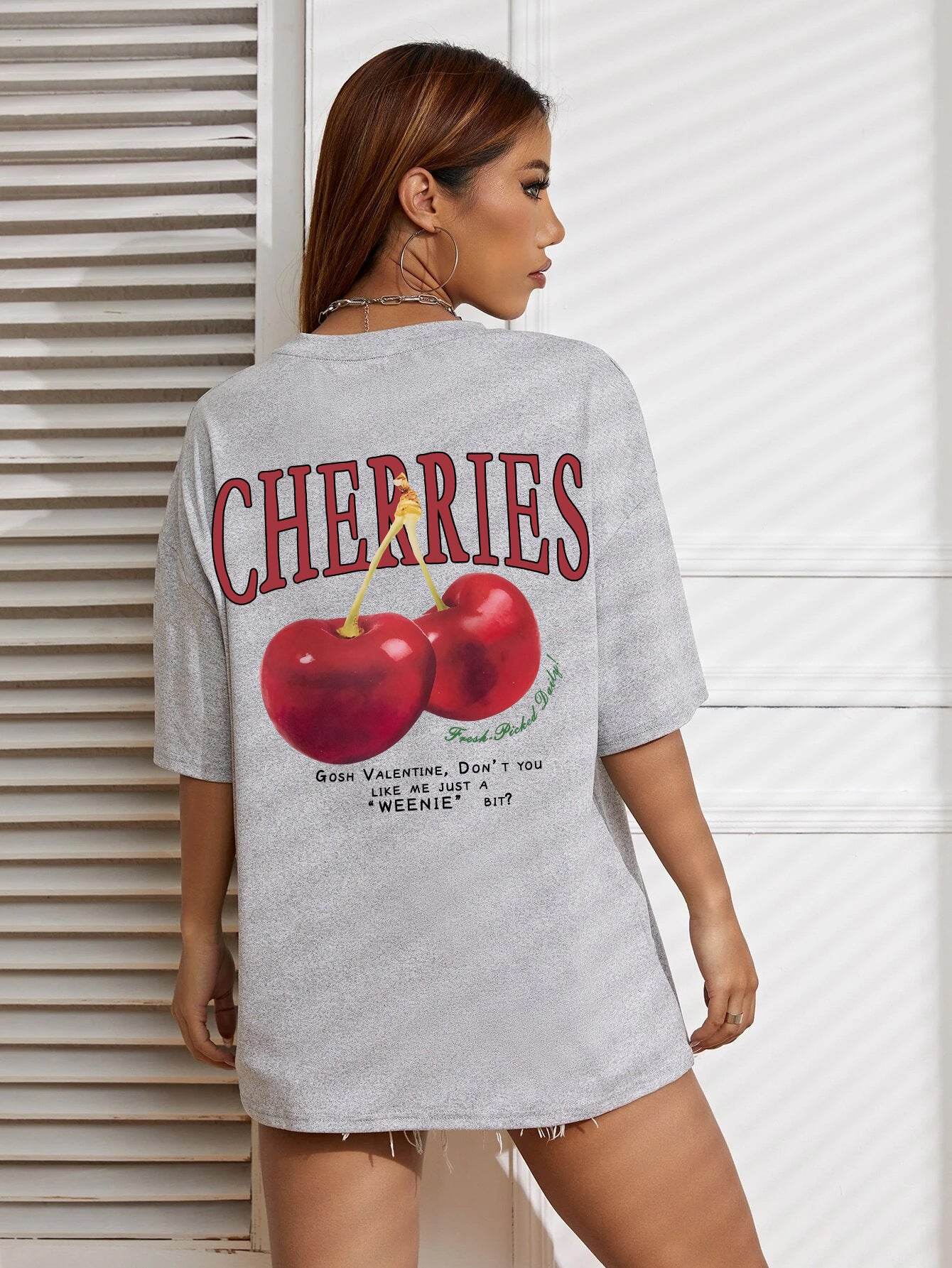 Cotton Women T-shirt Red Cherries Printed Tees Summer - Mubimart