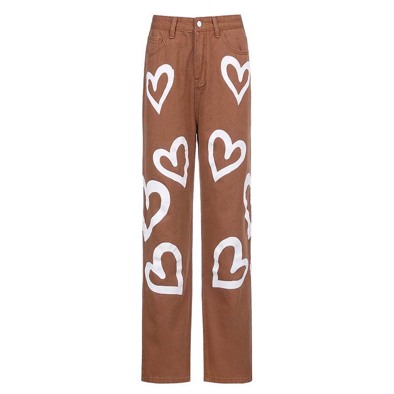 Love graffiti women high waist straight slim jeans - Mubimart