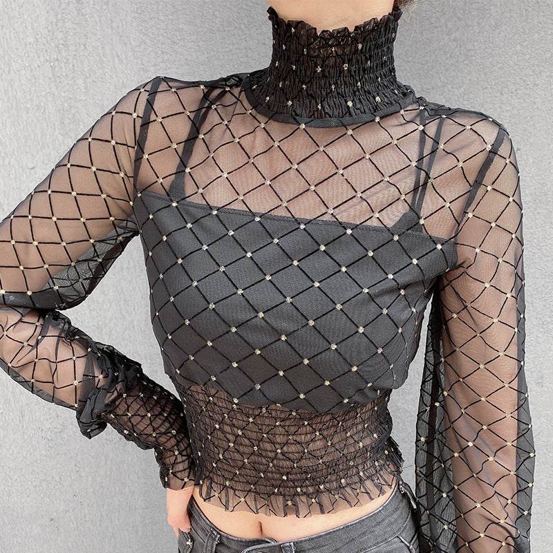 Turtleneck wrapped bra shirt fake two mesh - Mubimart