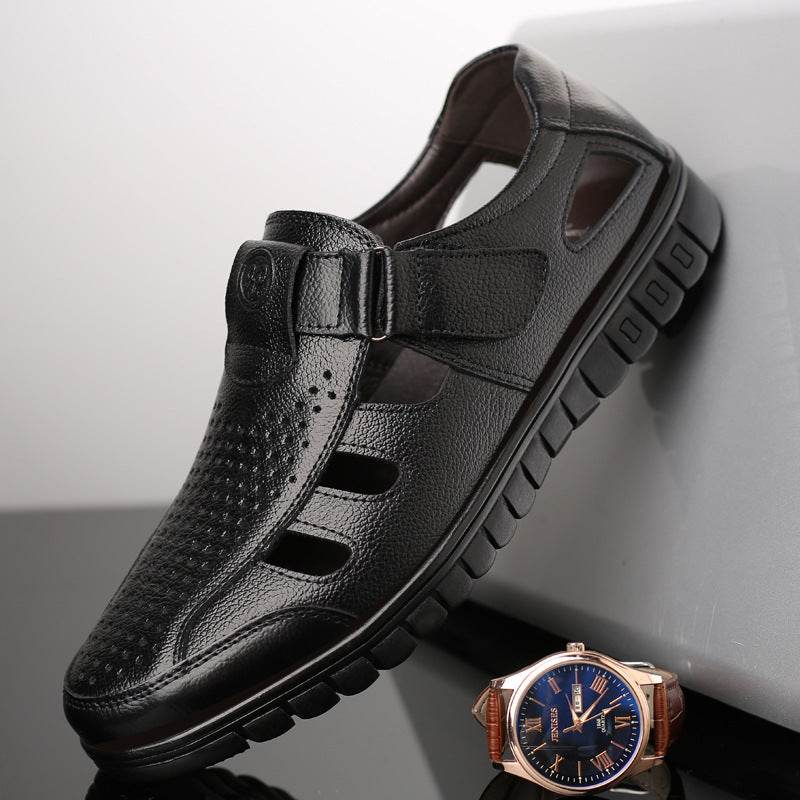 Men's leather hollow breathable sandals - Mubimart