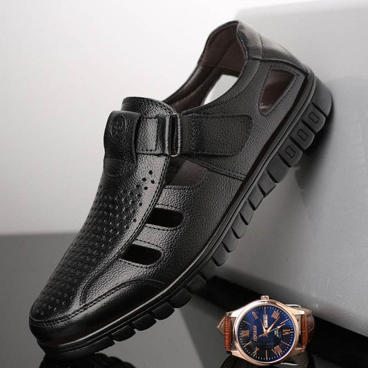 Men's leather hollow breathable sandals - Mubimart