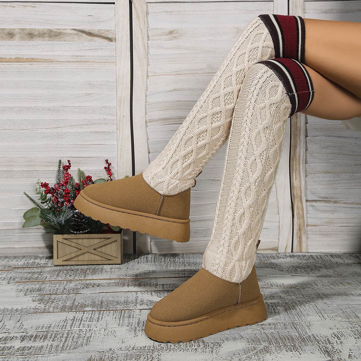 Winter Over-the-knee Boots With Long Knitted Sock Design Fashion Flat Thick-soled Shoes For Women Casual Warm Long Boot - Mubimart