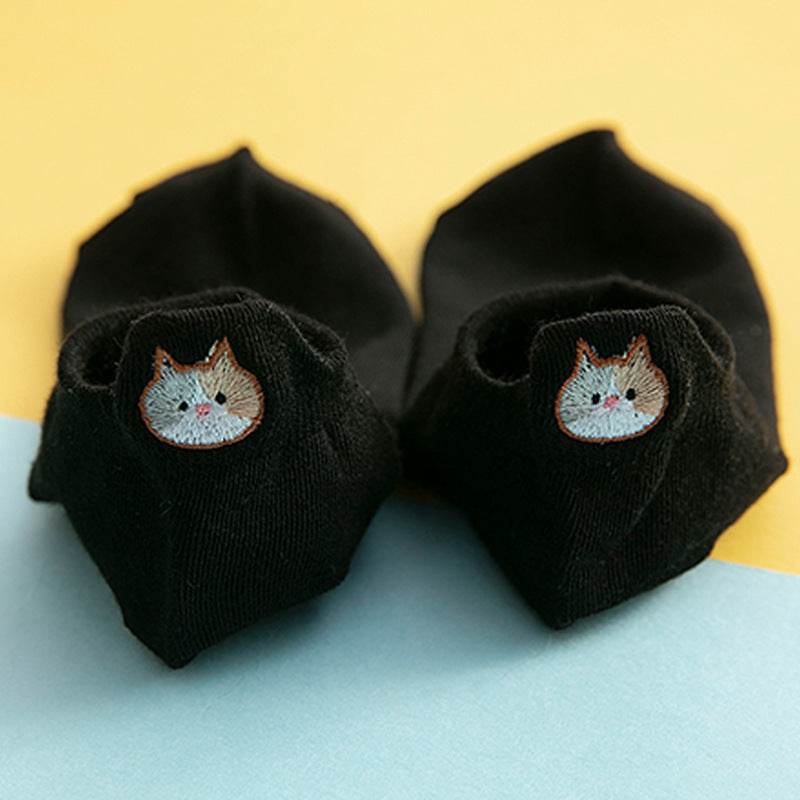 Socks Female Embroidered Cat Boat Socks Shallow Mouth Cute Low Waist - Mubimart