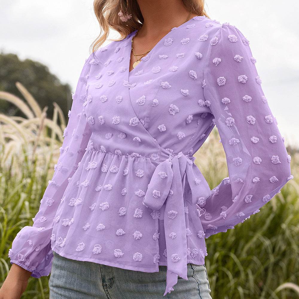 Jacquard Lace V-neck Long-sleeved Blouse Women - Mubimart
