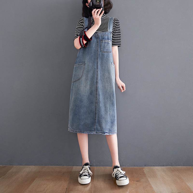 Women's New Loose Large Size Denim Suspender Dress - Mubimart