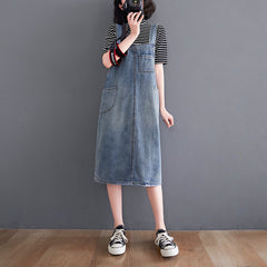 Women's New Loose Large Size Denim Suspender Dress - Mubimart -  