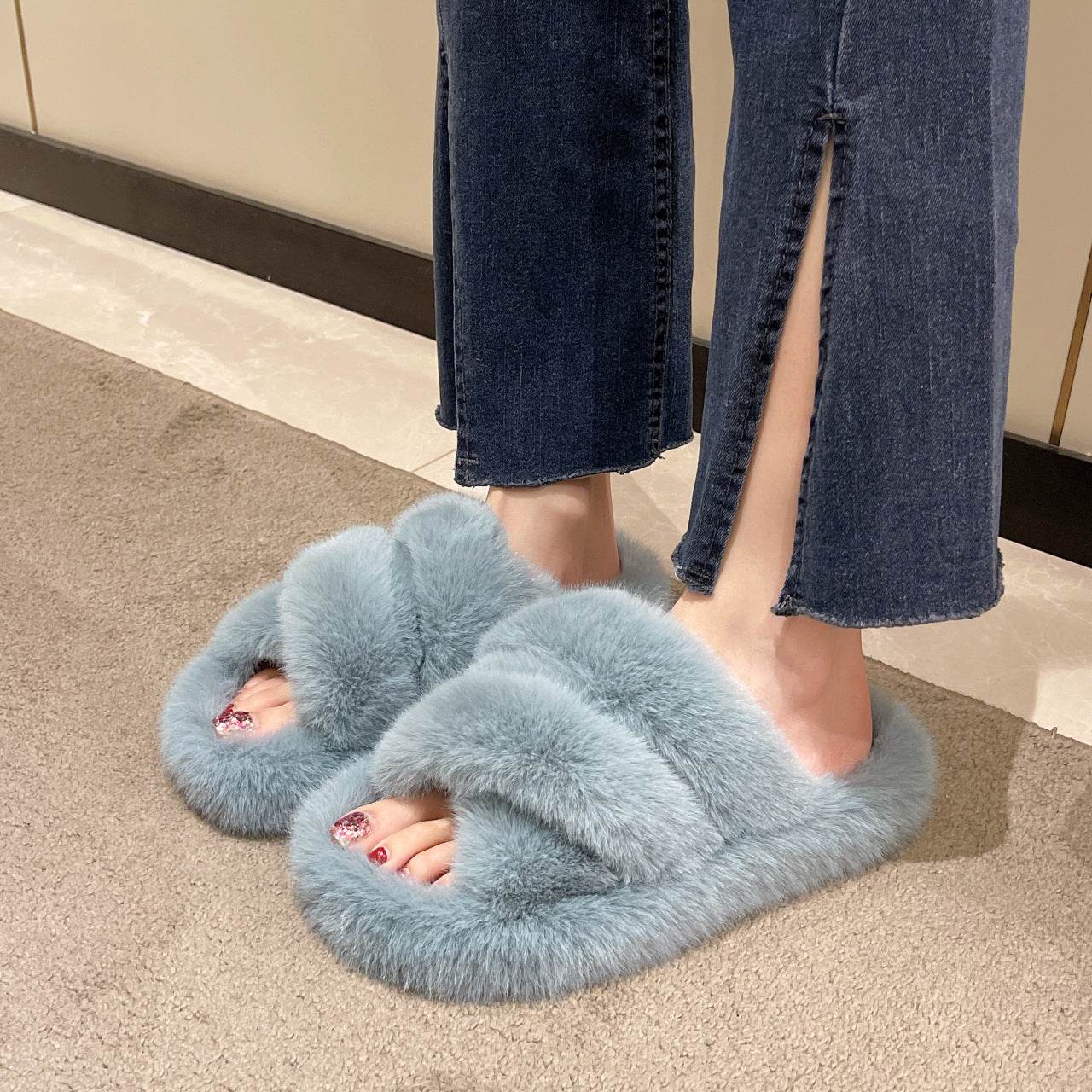 Winter Fuzzy Slippers Women Warm Soft Plush Shoes - Mubimart