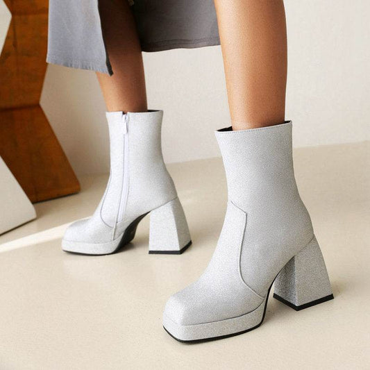Square Toe Booties Female High Heel Martin Boots Sequin High Heels Ankle Boots - Mubimart