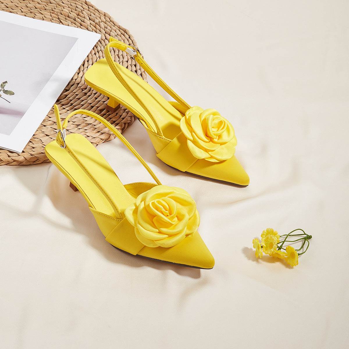 Three-dimensional Flower Decoration Kitten Heel Shoes Women's Elegant Closed Toe Back Empty - Mubimart