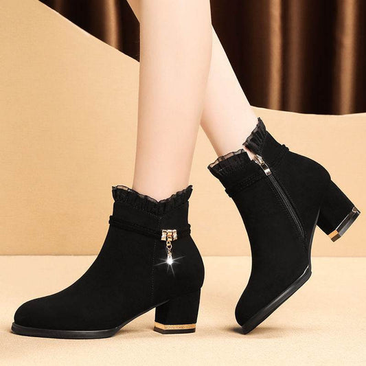 Season Tide Sandal Boots Mid-heel Short Tube All-match - Mubimart