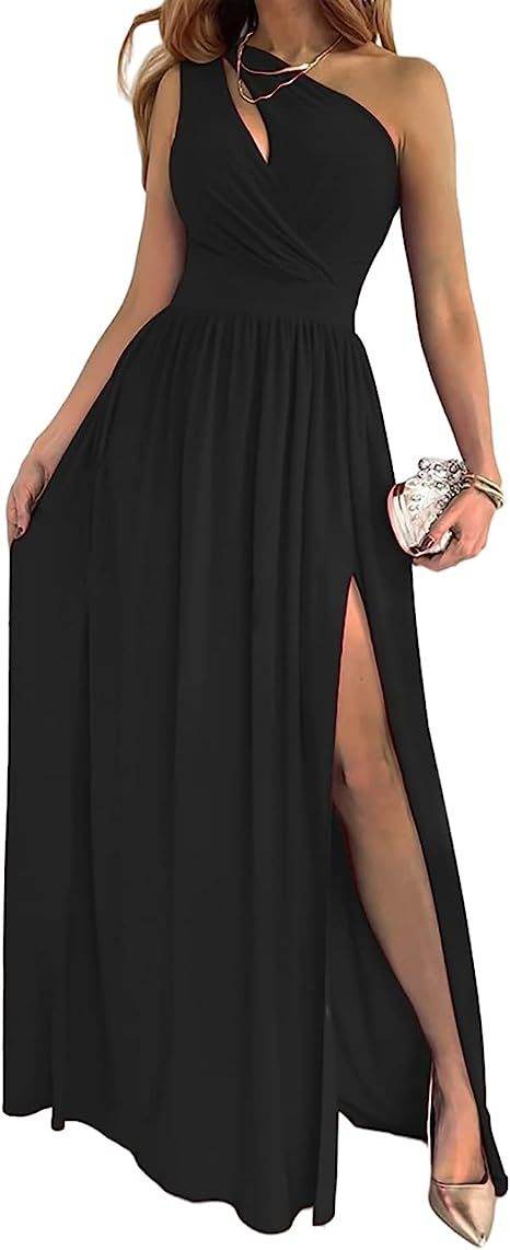 Women's One Shoulder High Split Cutout Sleeveless Elegant Sexy Cocktail Maxi Dress - Mubimart