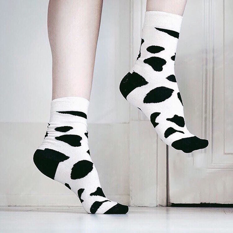 Leopard Dalmatian Black White Cotton Crew Socks - Mubimart -  