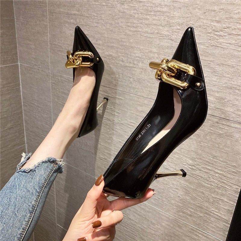 New Girl Point Net Red French High Heels Stiletto Black Work Shoes - Mubimart