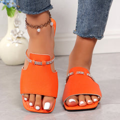 Mode Strass Strap Design Sandalen Sommer Neue Square Toe Low Heel Hausschuhe Für Frauen Rutschen Casual Strand Schuhe