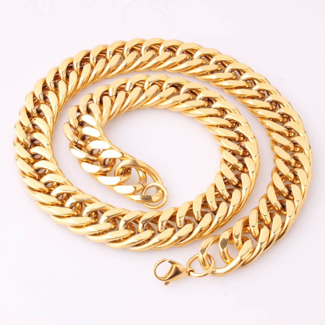Mens Fashion Titanium Steel Gold Double Buckle Necklace - Mubimart