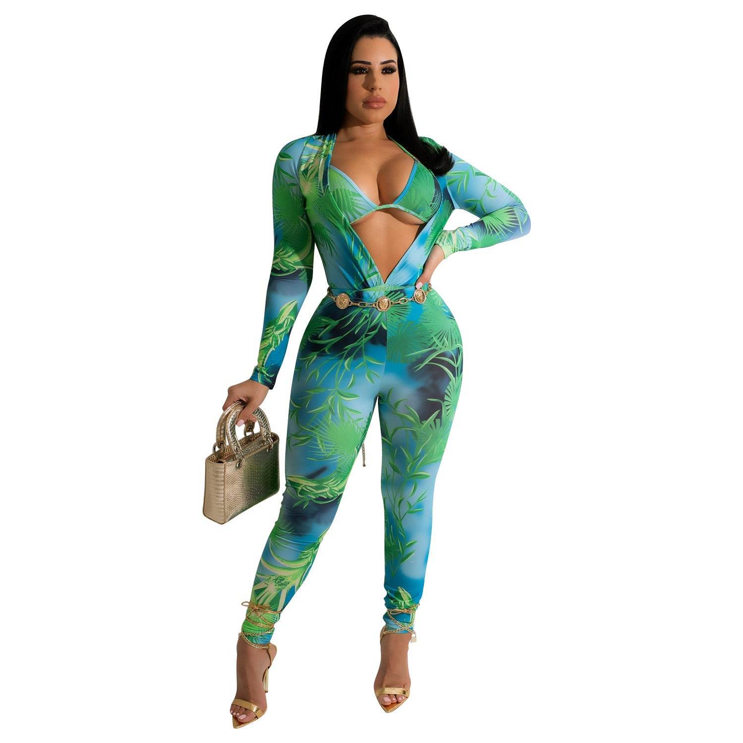 Women's Fashion Bodysuit Print Bodysuit Long Sleeve Pants Set - Mubimart