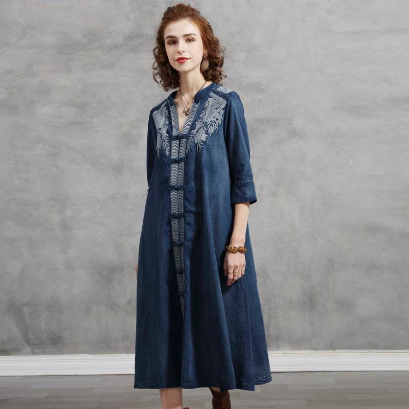 Embroidered Plus Size Women's Mid-sleeve Denim Dress - Mubimart