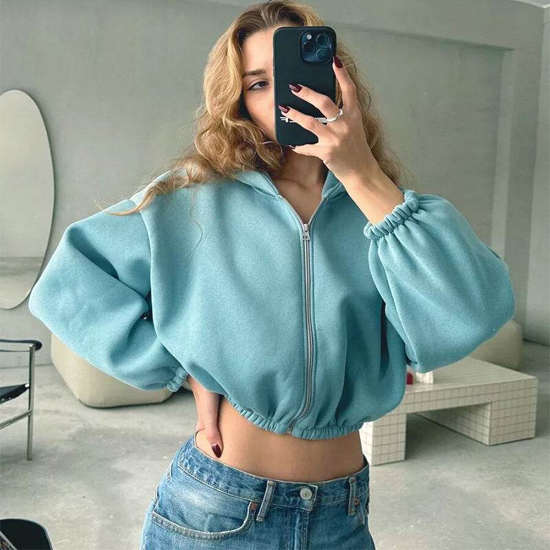 Casual Solid Color Hooded Short Jacket Y2K Fashion Sports Sweatshirt Long Sleeve Zipper Cardigan Hoodies Women's Clothing - Mubimart