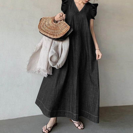 Denim Solid Color V-neck Bohemian Loose Large Size Long Dress - Mubimart