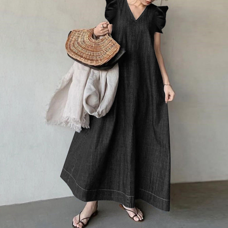 Denim Solid Color V-neck Bohemian Loose Large Size Long Dress - Mubimart -  