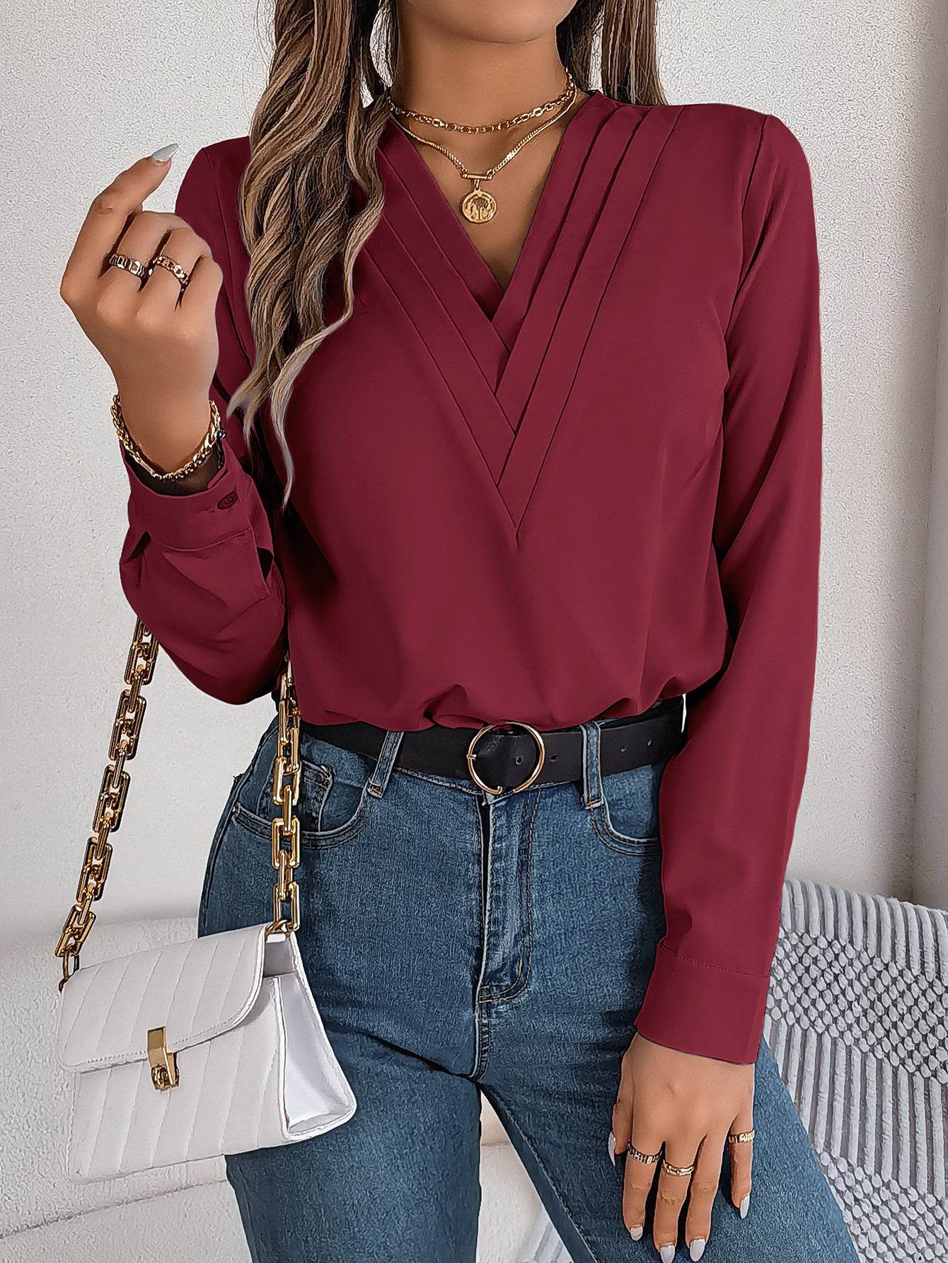 Fashion V-Neck Long Sleeve Shirt Elegant Commuter Solid Blouse Office Women's Clothing - Mubimart