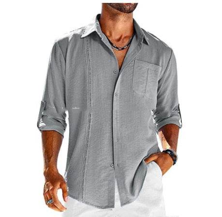 Casual Long Sleeve Shirt With Pocket Lace Polo Collar Solid Color Button Mens Clothing - Mubimart