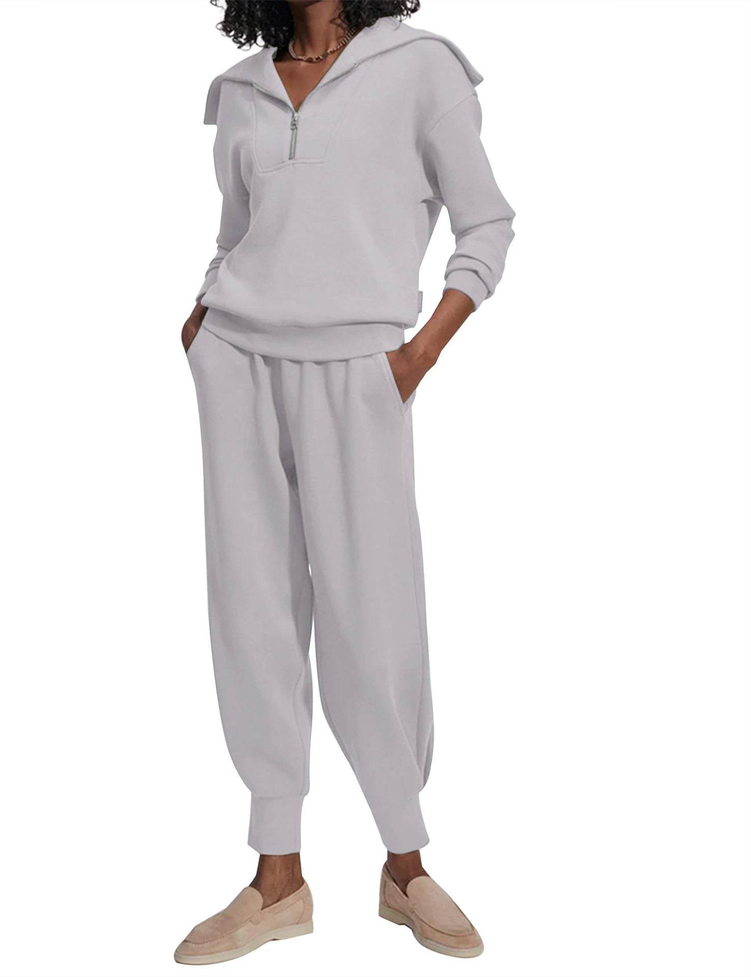 Long Sleeve Lapel Sweatshirt High Waist Workout Pants Two-piece Set - Mubimart