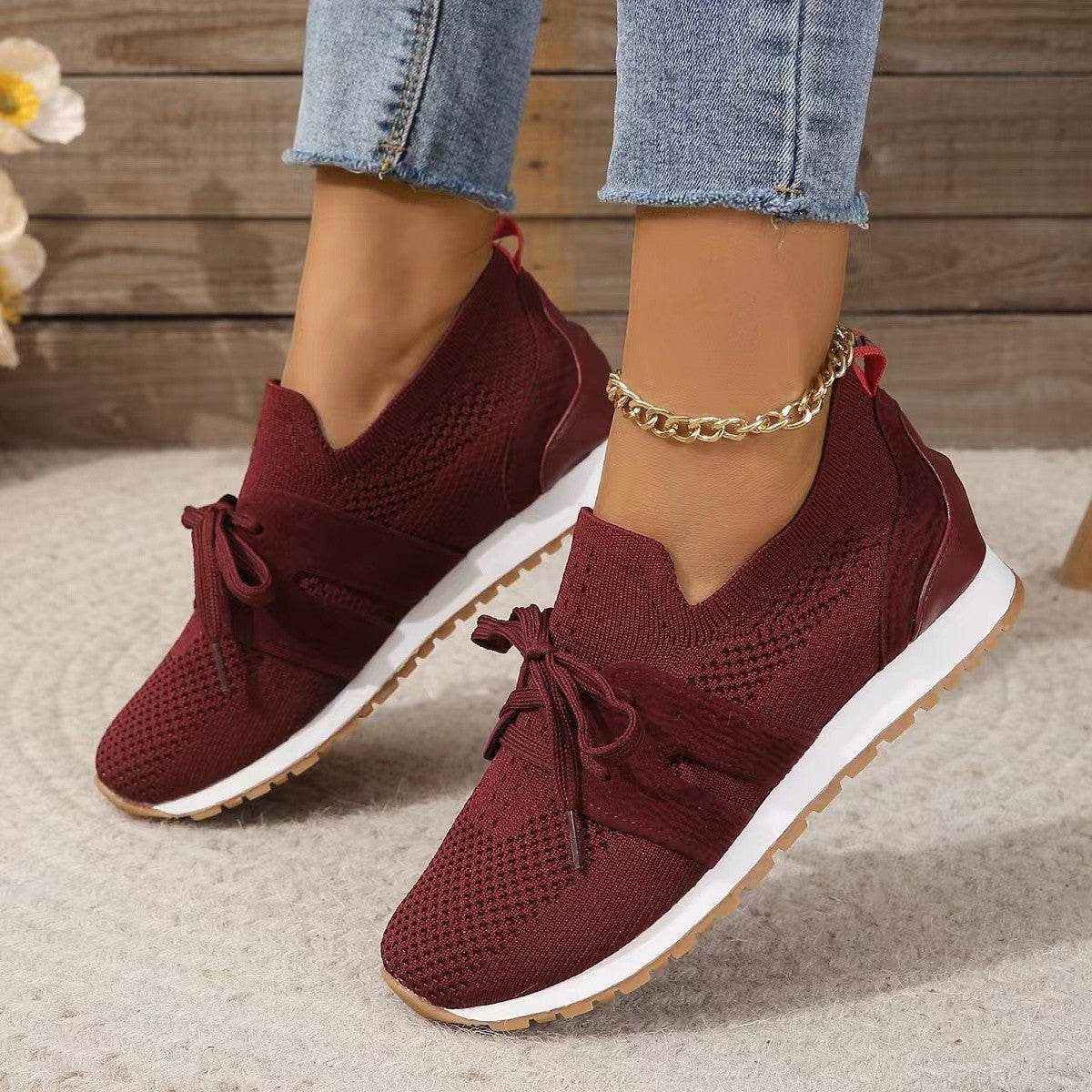 New Lace Up Mesh Flats Shoes For Women Breathable Casual Breathable Walking Wedges Shoes - Mubimart
