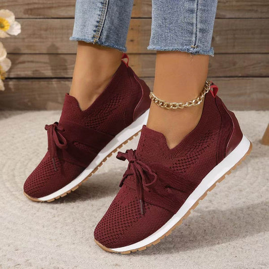 New Lace Up Mesh Flats Shoes For Women Breathable Casual Breathable Walking Wedges Shoes - Mubimart