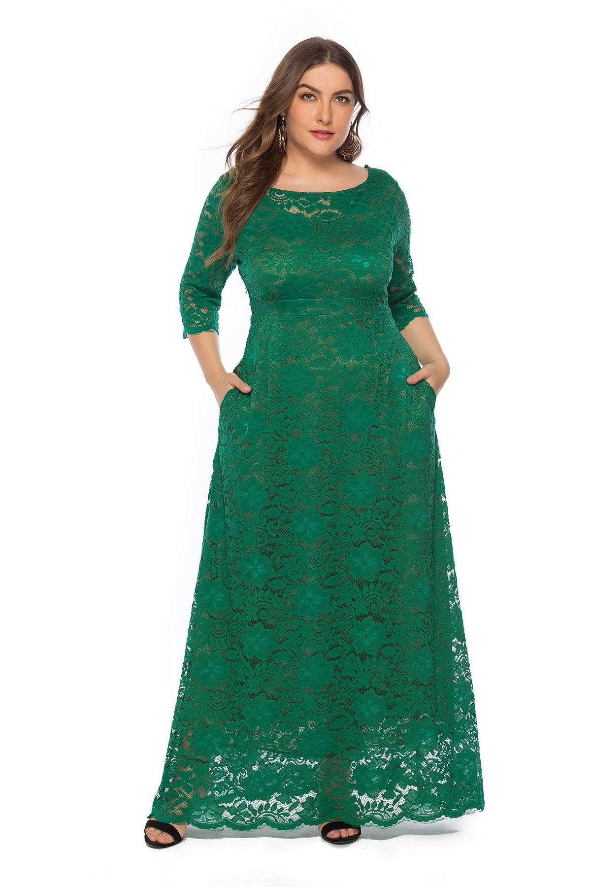 Plus Size Women New Hollow Lace Pocket Dress - Mubimart