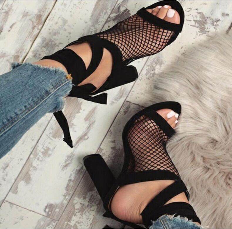 Women Sandals Bandage Flock Cross Strap Lace Up High Heels Sandal - Mubimart