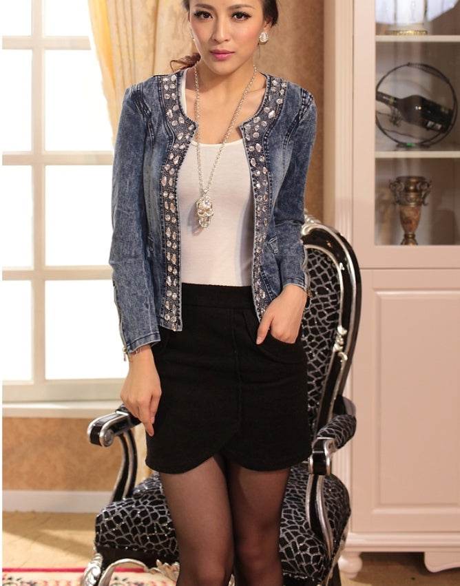 Spot stretch denim jacket rhinestone sequins retro short coat denim jacket denim jacket - Mubimart