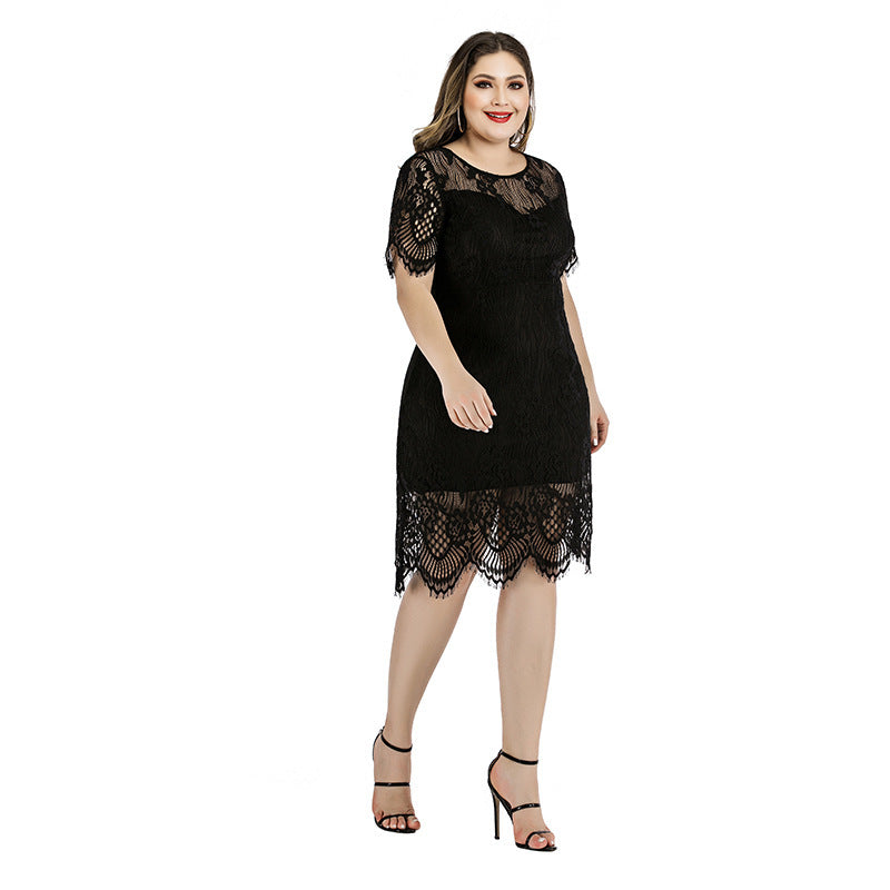 Summer Amazon Hot Large Size Women's Lace Dress Eyelash Plump Girls Waist Slimming Mini Midi Dress - Mubimart -  