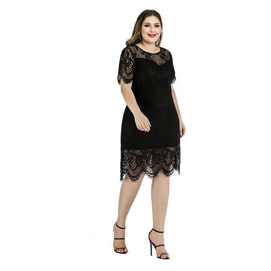 Summer Amazon Hot Large Size Women's Lace Dress Eyelash Plump Girls Waist Slimming Mini Midi Dress - Mubimart