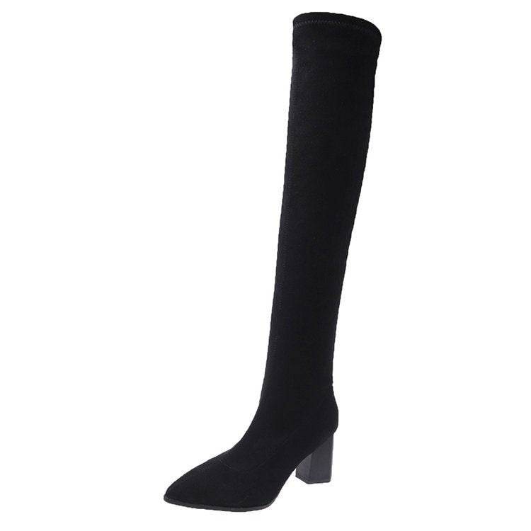 Over The Knee Boots Women's Pointed Toe Leather Boots - Mubimart