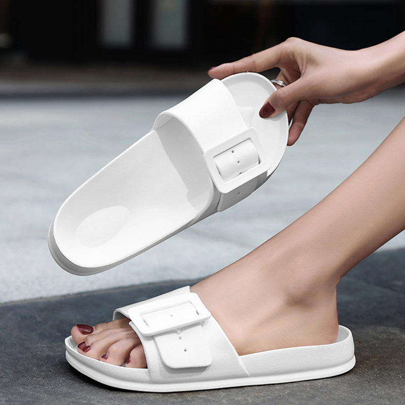 Solid Buckle Home Slippers Summer Non-slip Floor Bathroom Slipper Women Garden House Shoes - Mubimart -  