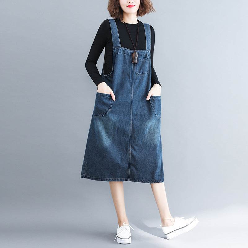 Women's Plus Size Denim Strap Pocket Literary Retro Dress - Mubimart